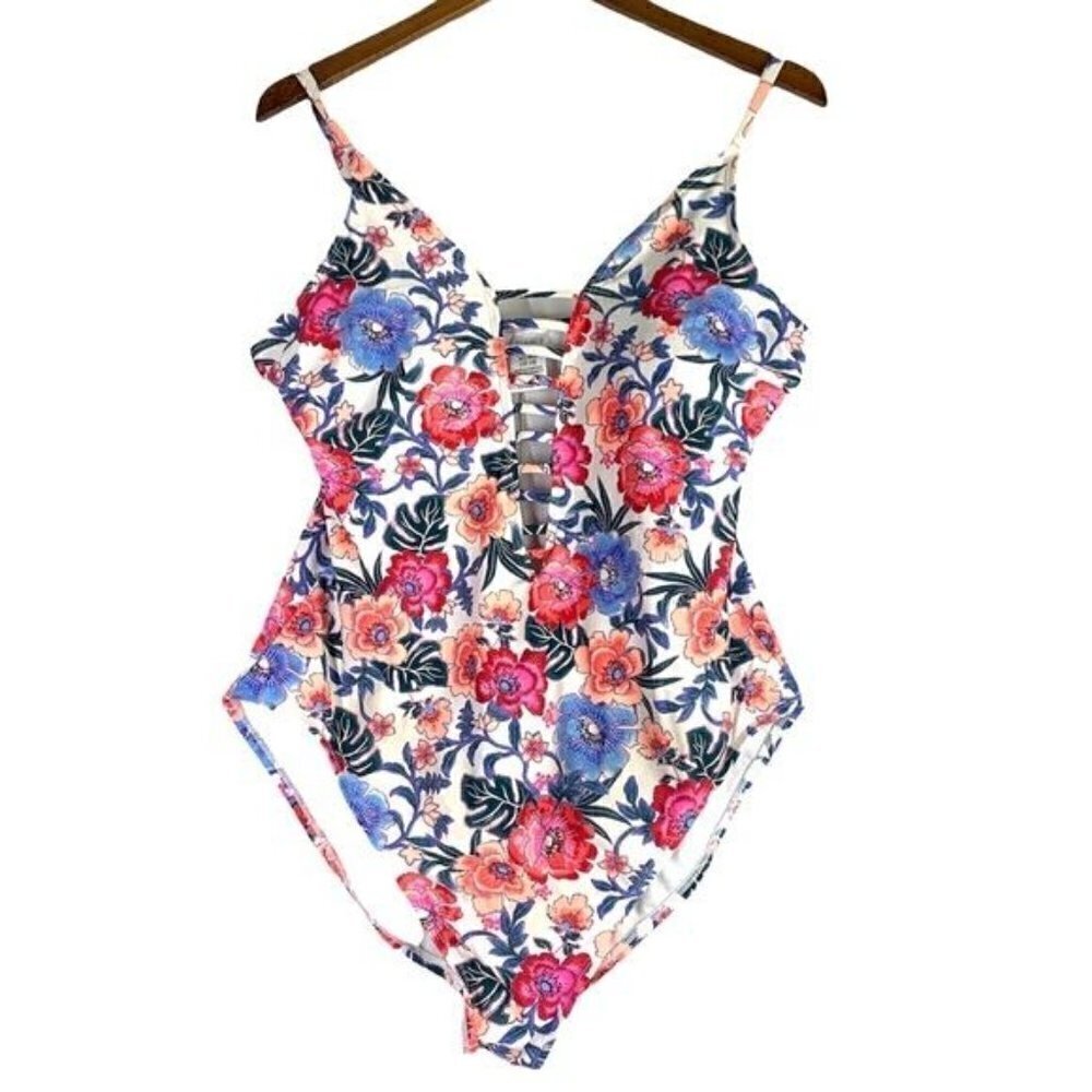 Time And Tru Deep V-Neck One Piece Floral Swimsuit - White/Pink, Size XL 16-18